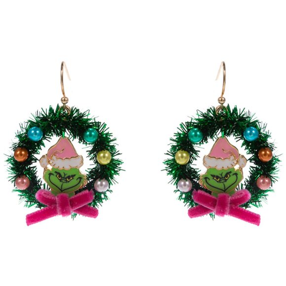 Holiday Grinch Wreath Dangle Earrings - Picture 3 of 4